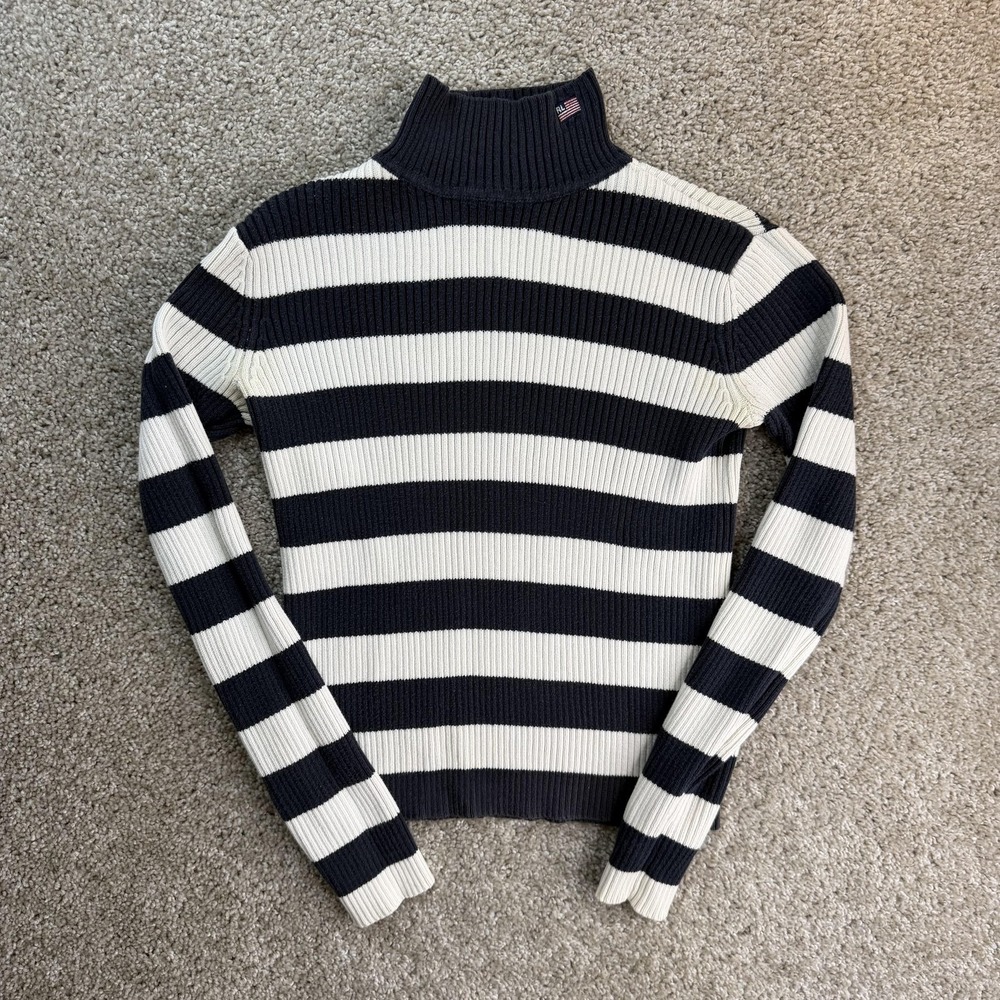 Y2K Polo Jeans Co. Ralph Lauren Sweater Womens S Blue Striped Turtleneck Ribbed